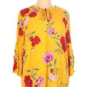 Old Navy Yellow Floral with Red and Pink Flowers 3/4 Sleeve Blouse